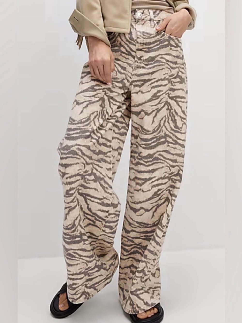 Wide Leg Zebra Print Pants in Beige